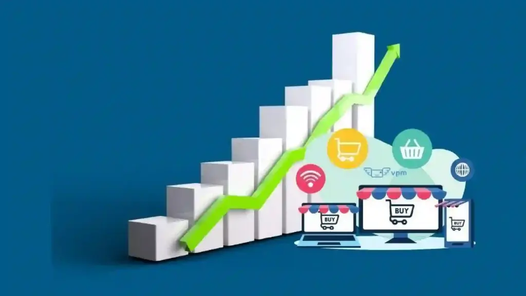 New Project - 2026-06-21T120005634 - Brill Creations Growing 3D bar chart with a bright green arrow rising, surrounded by shopping and e-commerce icons on a blue background.