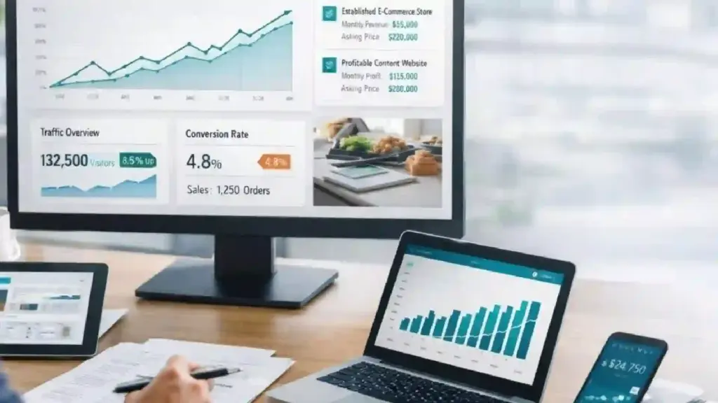 Desk workspace with a large monitor showing charts and dashboards; a person writes on paper while multiple laptops display graphs and analytics.