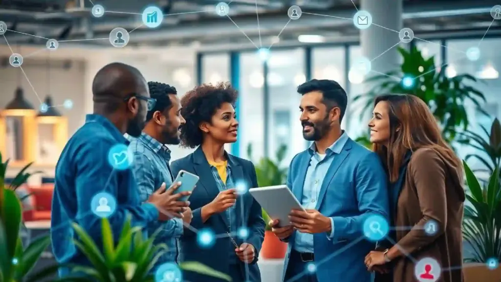 New Project - 2026-06-22T151427131 - Brill Creations Group of four professionals in business attire discussing with tablets in a modern office, connected by glowing network icons.