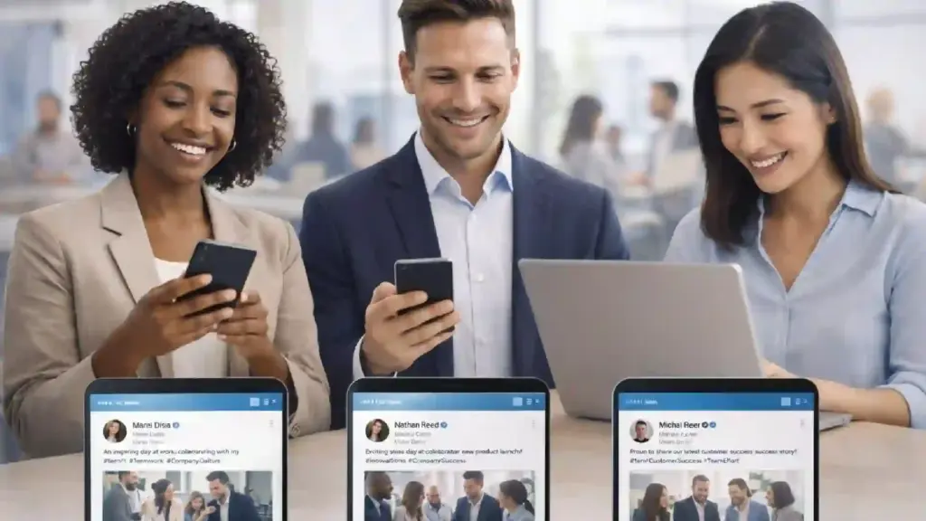 Three colleagues in a bright office, smiling while using smartphones and a laptop, with social media screens displayed in the foreground.