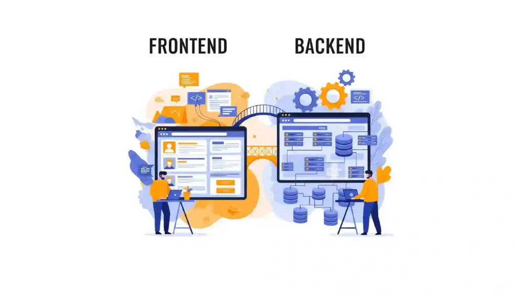 New Project - 2026-06-22T154510799 - Brill Creations Illustration contrasting frontend and backend development with two programmers at desks and interconnected screens.
