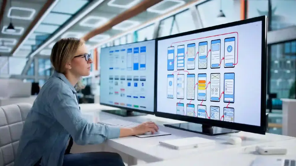 New Project - 2026-06-22T154525124 - Brill Creations Professional woman with glasses working at a desk, reviewing app wireframes on two large monitors.