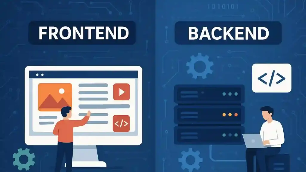 New Project - 2026-06-22T154539840 - Brill Creations Split-panel illustration showing Frontend (left) and Backend (right) development scenes, with a person editing a frontend webpage and another using a laptop by servers.