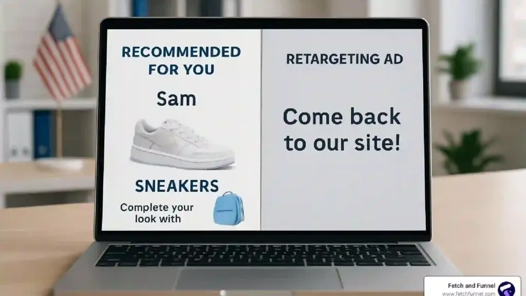 Two-panel laptop ad: left shows 'Recommended for you' with a sneaker and a backpack; right shows 'Come back to our site' (retargeting ad).