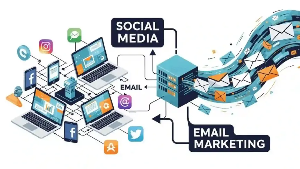 Colorful infographic showing devices and social icons feeding into an email marketing hub and server network; cross-channel digital marketing flow.