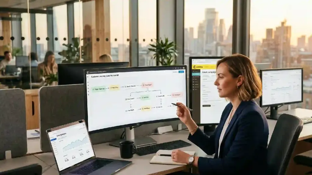 Businesswoman pointing at a flowchart on a large monitor in a modern open-plan office with a city view at sunset.