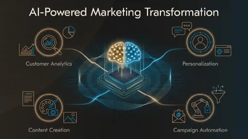 AI-powered marketing transformation with a central neural graphic connected to icons for analytics, personalization, content creation, and automation