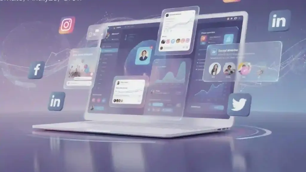Laptop with floating screens showing social apps and analytics, illustrating a digital workspace concept.