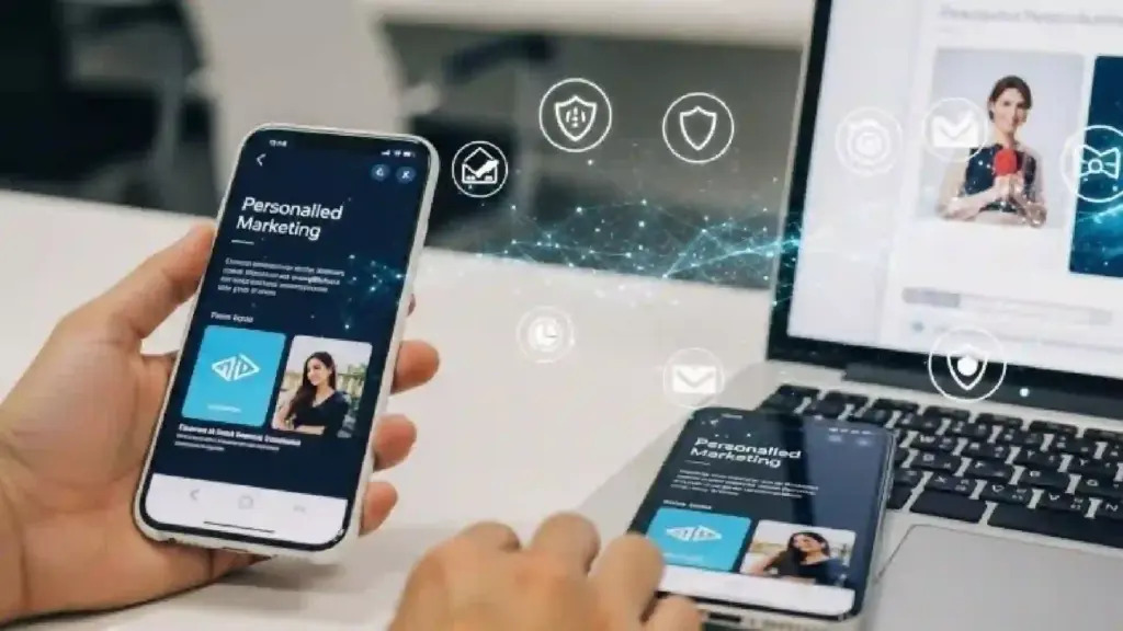 Hand holding a smartphone showing a 'Personalised Marketing' app, with a laptop and tablet in the background displaying connected icons.