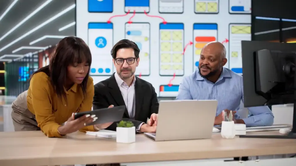Three colleagues collaborate at a desk: a woman with a tablet and two men with laptops in a modern office setting with app mockups on a wall behind them.