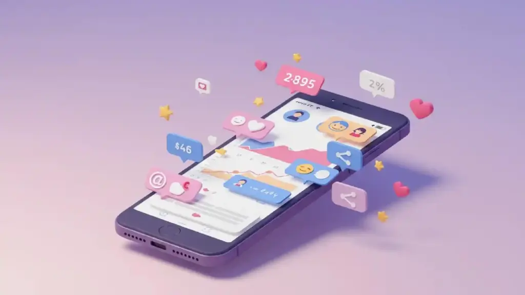 Isometric illustration of a smartphone with floating social icons, hearts, and charts around it.