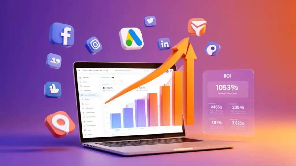 Laptop screen showing charts with an orange upward arrow and floating social media icons, indicating online growth.
