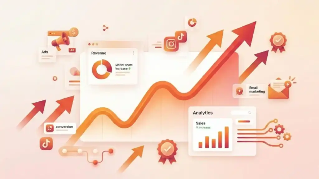 Abstract orange-and-pink business analytics illustration with rising arrows, charts, and social media icons (Instagram, TikTok) indicating growth and marketing metrics