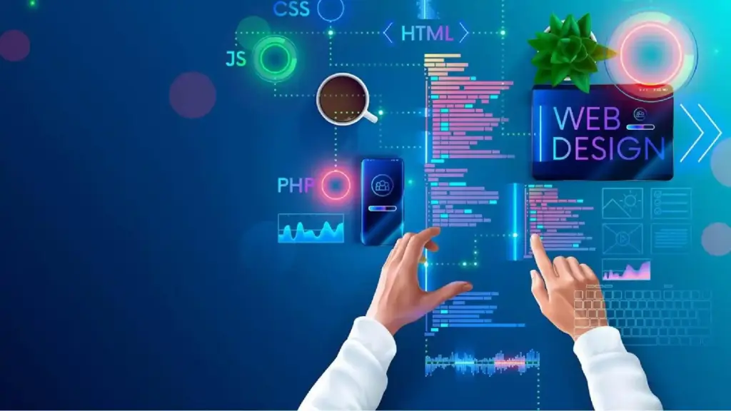 New Project 13 - Brill Creations Hands use a holographic web design dashboard showing code labels (HTML, CSS, JS, PHP) and a WEB DESIGN panel on a blue tech background.