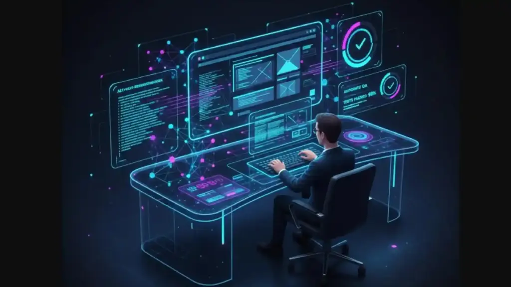New Project 14 - Brill Creations A person sits at a glass desk using futuristic holographic screens and neon data visuals surrounding them.