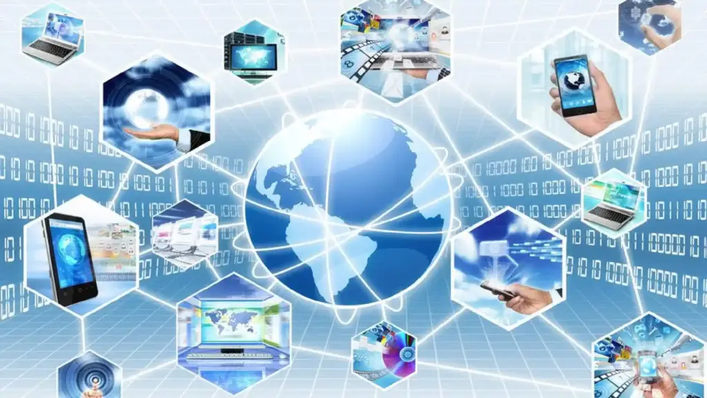 New Project 15 - Brill Creations Global digital network with interconnected hexagonal panels featuring laptops, smartphones, and globe imagery, symbolizing connectivity and technology.