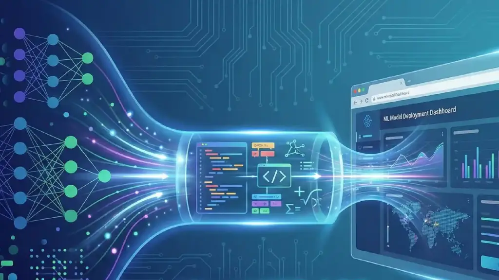 Abstract blue tech illustration with a dashboard UI labeled 'ML Model Deployment Dashboard' and flowing data waves into a curved display area, conveying AI deployment.