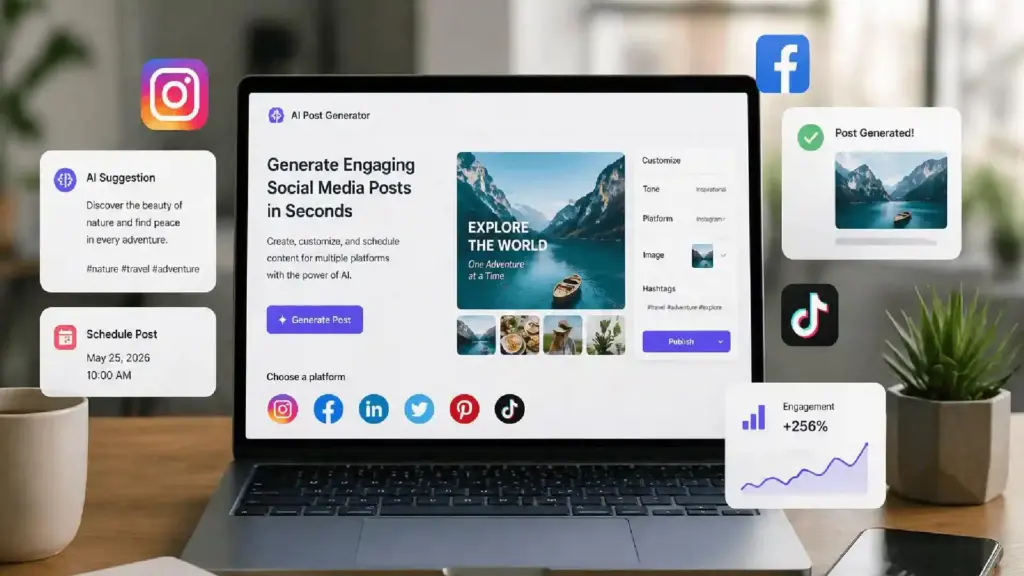 Laptop screen showing a UI for generating social media posts with floating icons (Instagram, Facebook, TikTok) and preview cards around the screen.