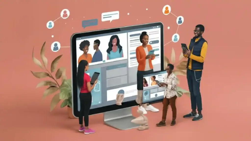 A group of diverse people stand around and interact with a large computer monitor displaying a collaborative interface, symbolizing teamwork and digital collaboration.