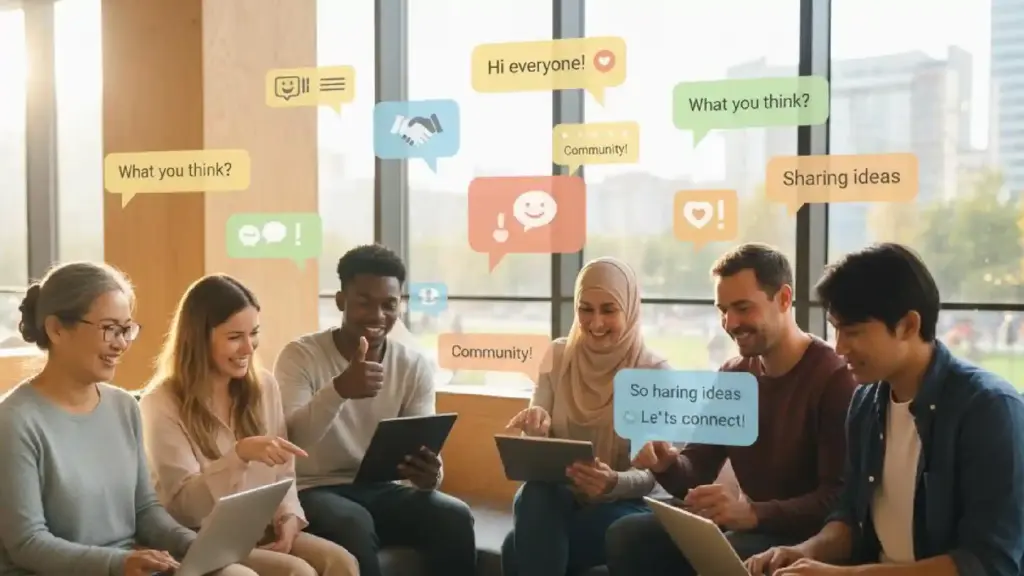 Group of diverse young adults sitting together, using tablets, with colorful chat bubbles about sharing ideas and collaboration.