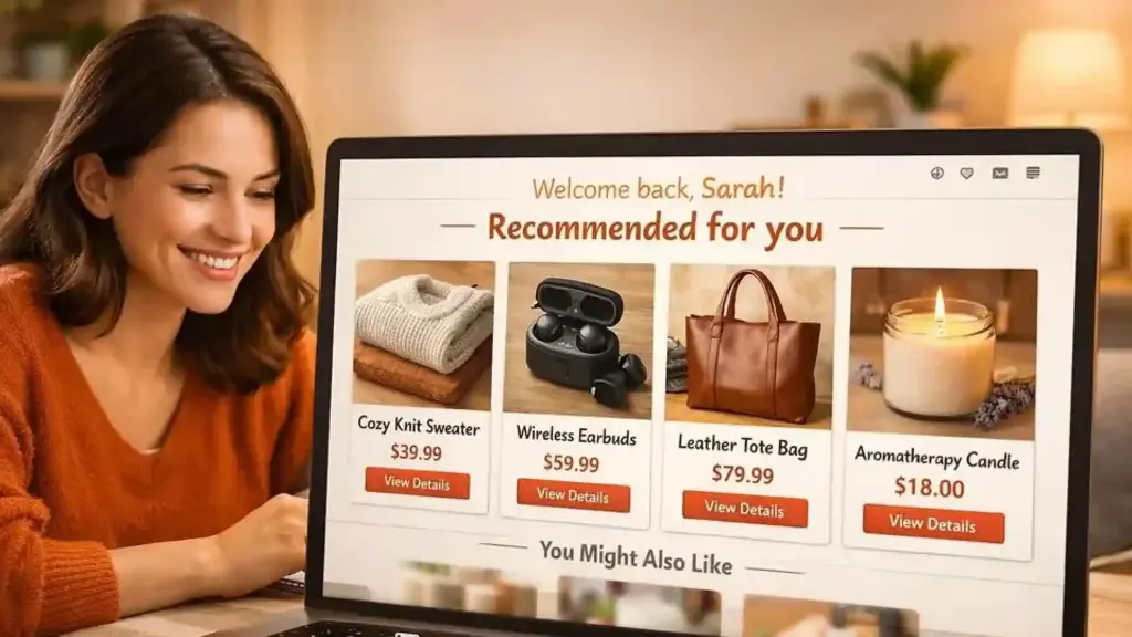 Woman in an orange sweater smiles at a laptop displaying a personalized 'Recommended for you' shopping grid.