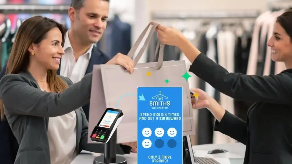Customer hands a gray shopping bag to a cashier at the clothing store checkout, with a card payment terminal visible at the counter.