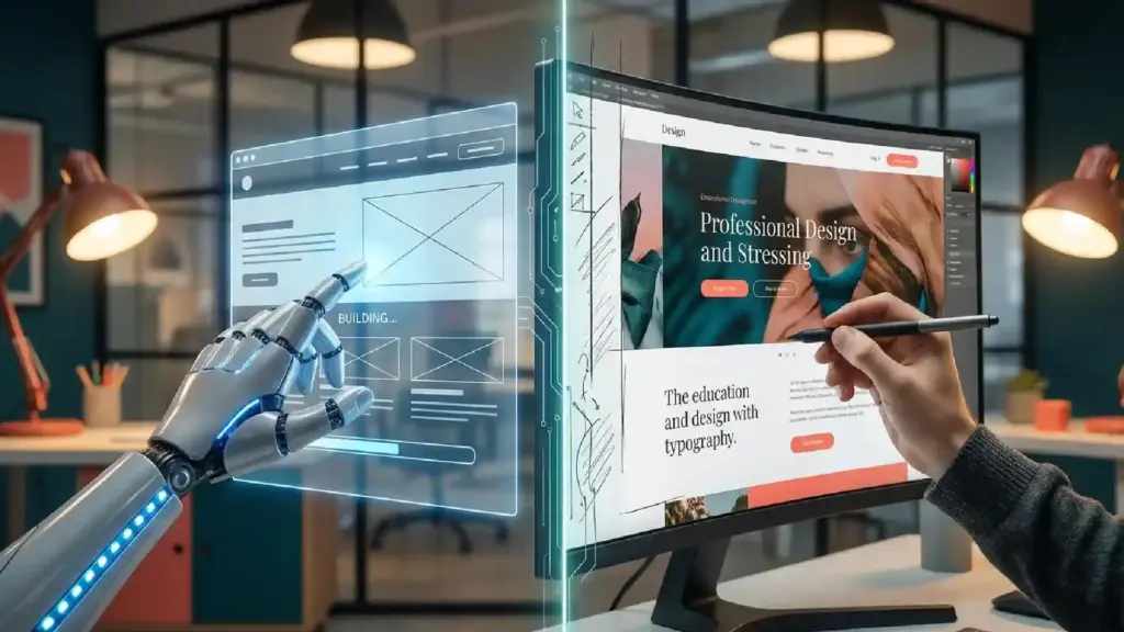 Robotic hand and a human hand design a website together on curved computer screens in a modern workspace, symbolizing AI-assisted design.