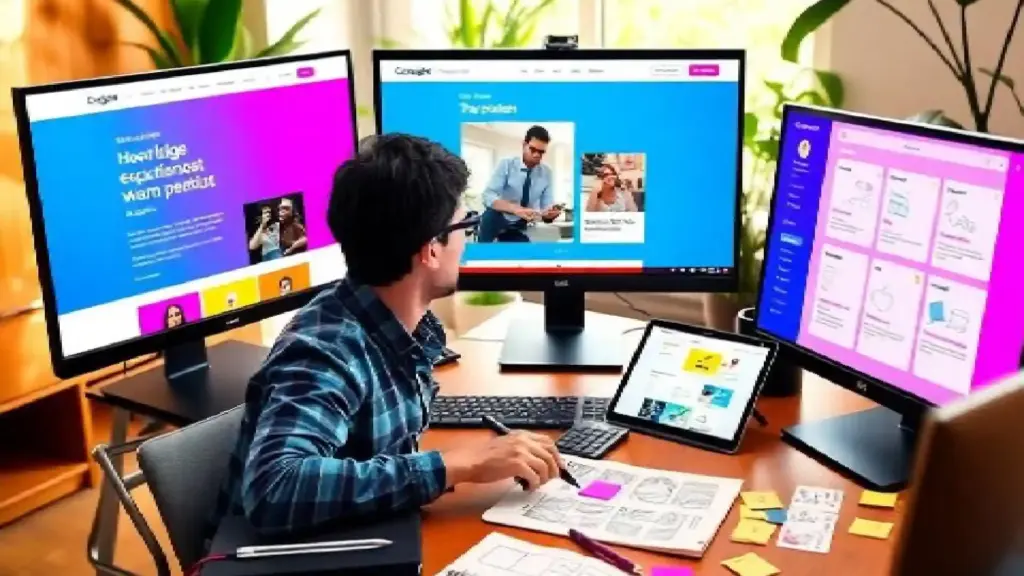 Designer at a desk with three large monitors, sketching on paper amid colorful sticky notes.
