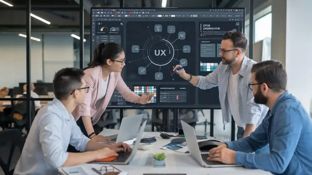 Four professionals in a conference room review a UX diagram on a large touchscreen display.