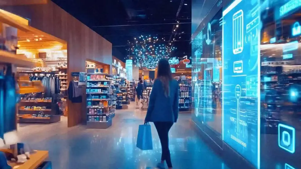 A person walking down a store aisle with shopping bag, neon blue digital displays on the right and wooden shelves on the left.