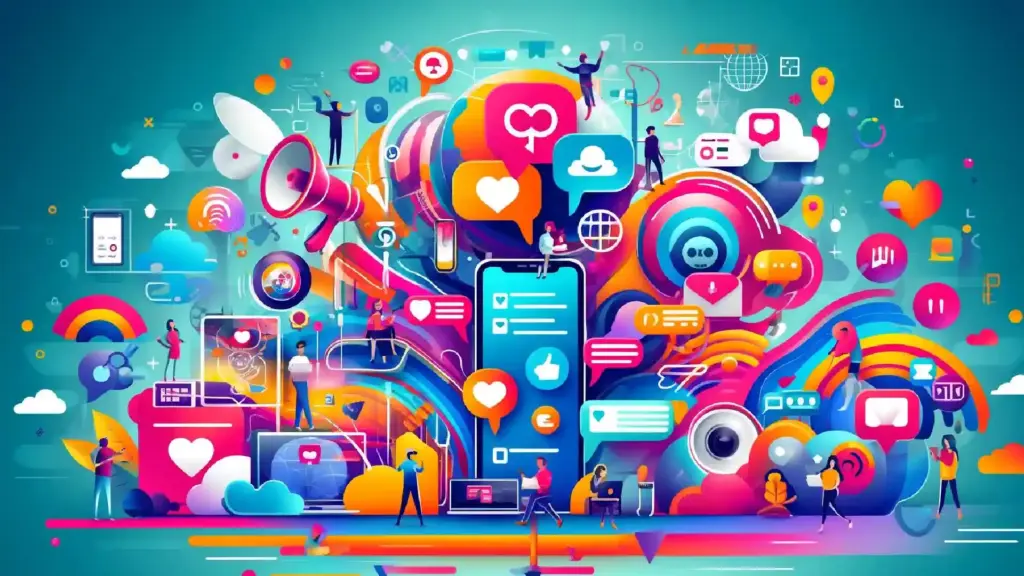 Abstract colorful digital collage showing social media, messaging, and cloud icons with people interacting with devices and screens for online connectivity.