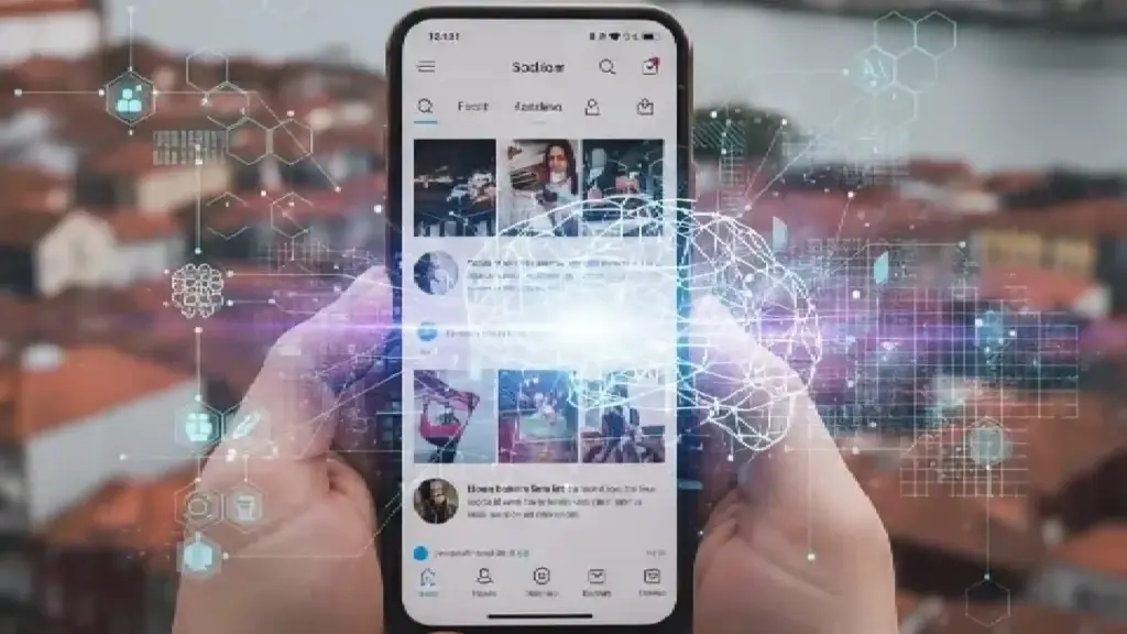 Person holds a smartphone displaying a social media feed, with futuristic digital network graphics overlaid in the background.