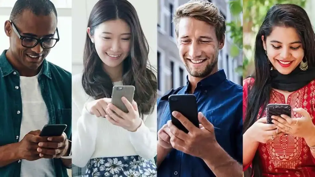 Group collage of four people smiling while using their smartphones in a split-image layout.