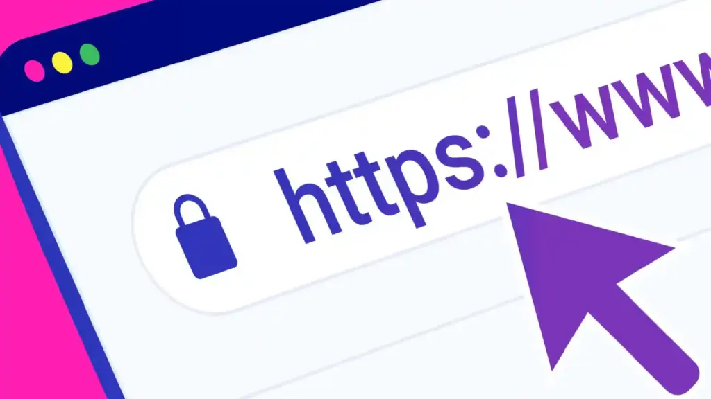 Close-up illustration of a browser address bar showing https://… with a lock icon and a purple cursor on a pink background.