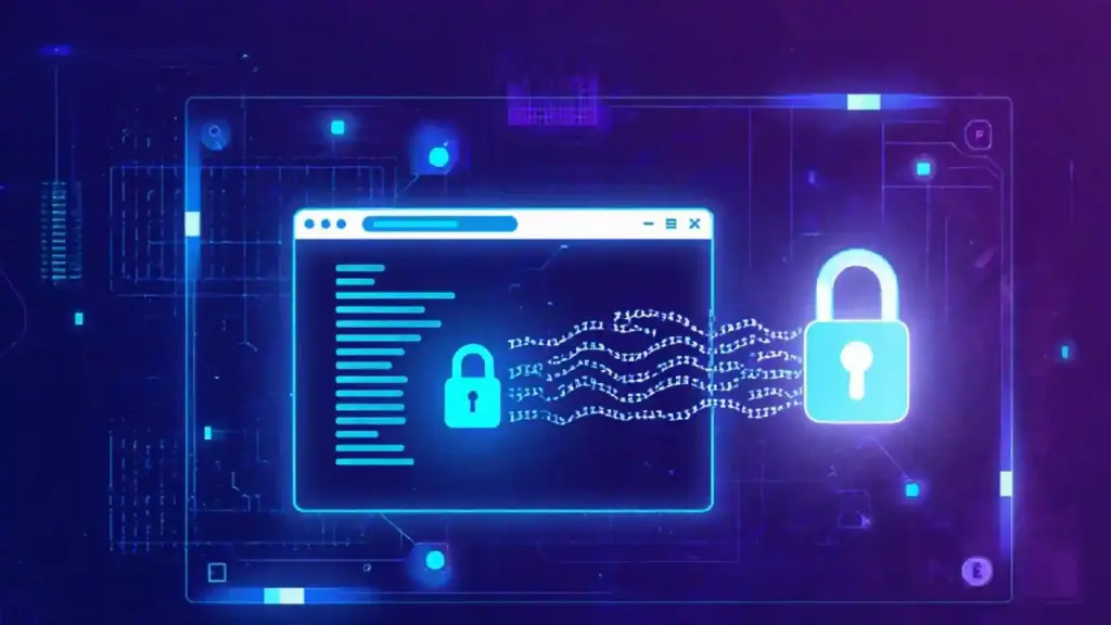 Neon blue cybersecurity illustration with a browser window, lock icons, and flowing data lines suggesting encryption in use