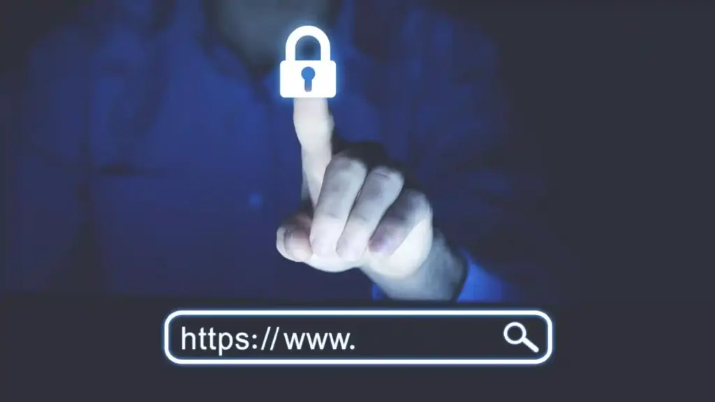 Person taps a glowing search bar showing https://www... with a magnifying glass icon, in a dark blue background (security theme).