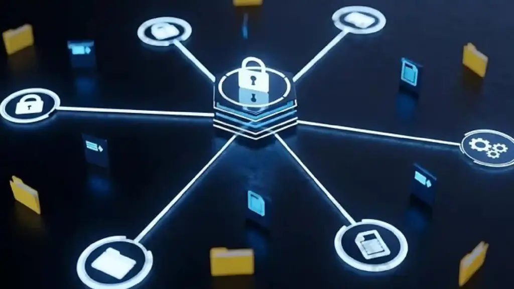Central lock icon connected to multiple security-related icons (folders, settings, devices) representing networked data protection.