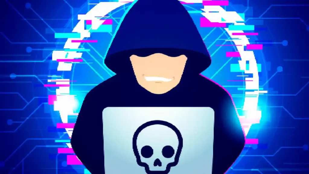 Hooded hacker silhouette typing on a laptop with a skull logo against a neon glitchy cyberspace background