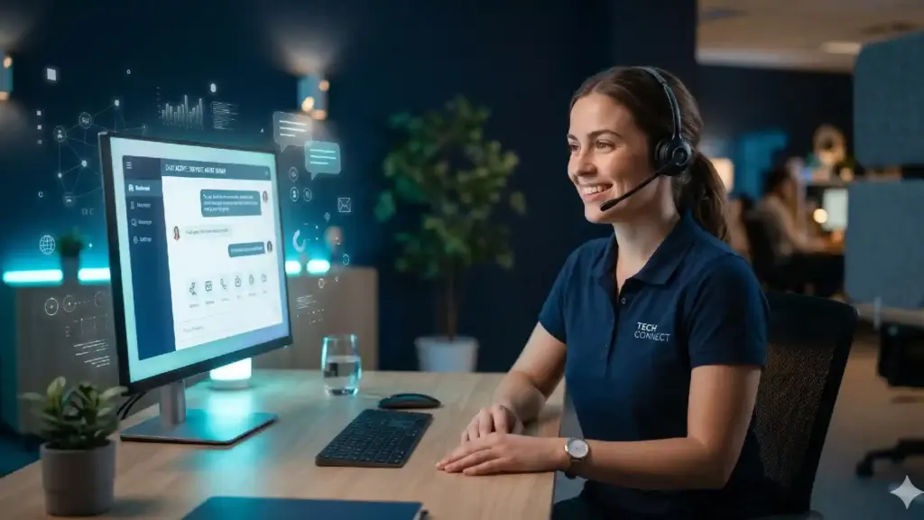 Support agent with headset at a desk, smiling while working at a computer in a tech support center
