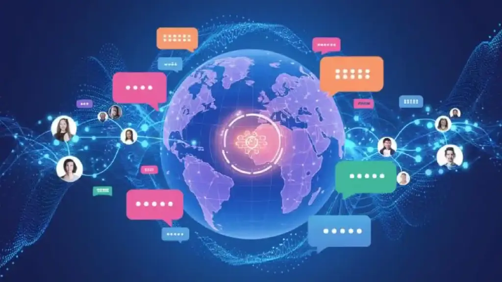 Global digital network: interconnected avatars and colorful chat bubbles around a glowing globe.
