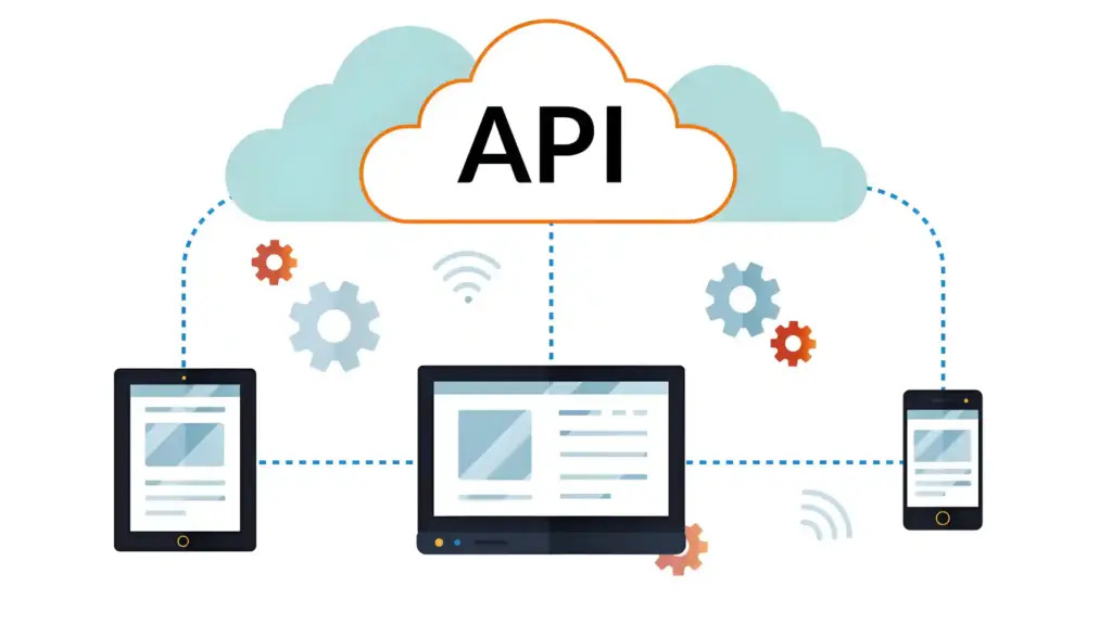 New Project 49 - Brill Creations Cloud API diagram showing a cloud labeled API connected to tablet, laptop, and smartphone by blue dashed lines and gears for integration