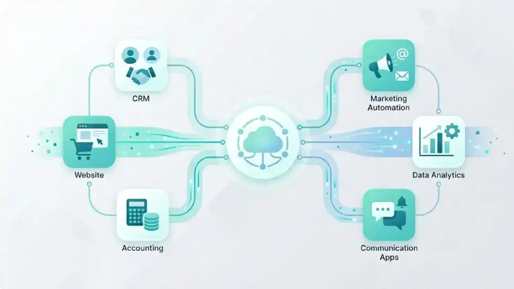 New Project 50 - Brill Creations Central cloud hub connecting key business apps: Website, CRM, Marketing Automation, Data Analytics, Accounting, and Communication Apps.
