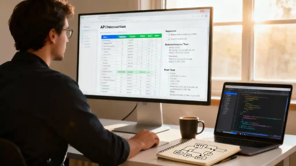 Developer working at a desk with a large monitor displaying a data table and a laptop with code, plus a notebook and coffee mug on the desk.