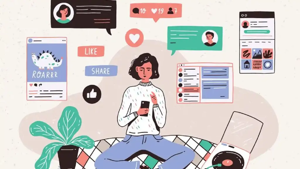 Person sitting cross-legged using a phone, surrounded by social media posts and icons like likes and comments to convey digital engagement.