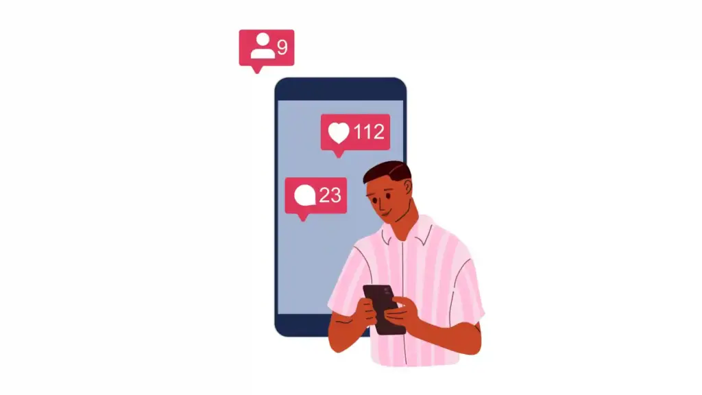 Person uses a smartphone with social‑media notifications: 112 likes, 23 comments, and 9 new followers shown in pink bubbles.