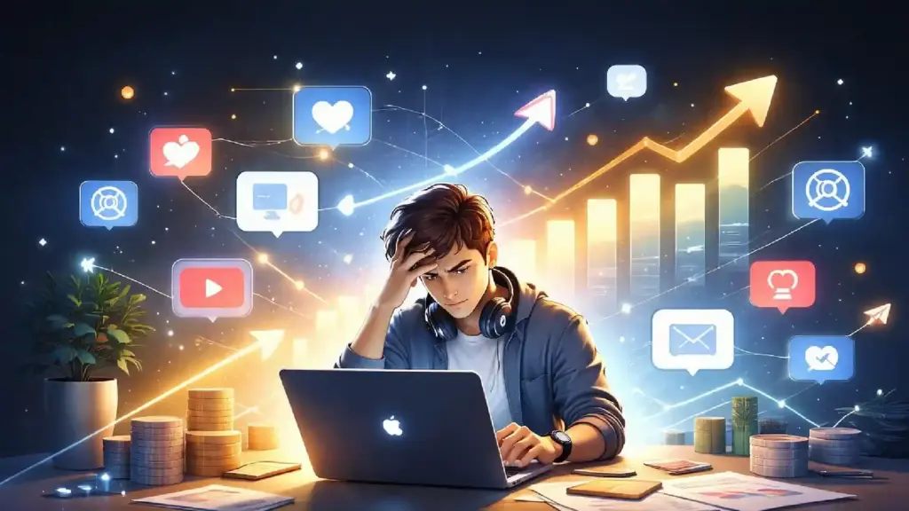 Young man with headphones working on a laptop, surrounded by floating social icons and a rising financial chart, with coin stacks on the desk.