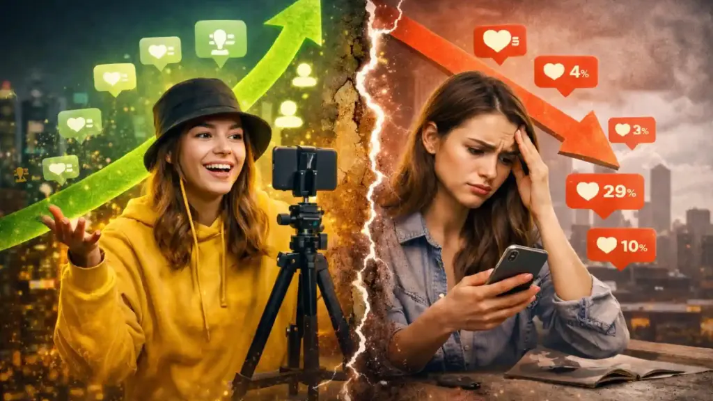 Two women split by a crack: left is cheerful while filming with a phone; right is distressed, looking at her phone amid red down arrows and like icons.