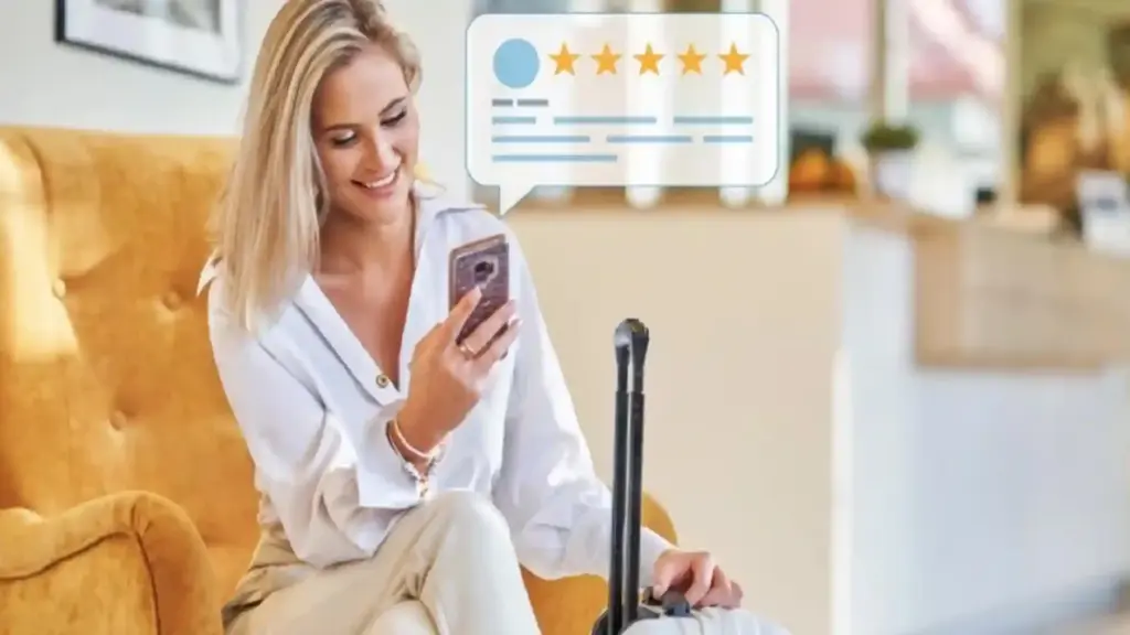 Smiling woman in a white robe sits on an orange sofa, looking at her phone with a five-star rating graphic floating above her.