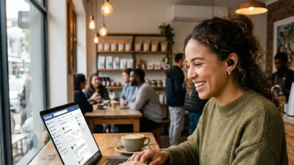 Woman smiling while typing on a laptop at a cafe table with a coffee cup nearby; warm hanging lights and other patrons in the background.