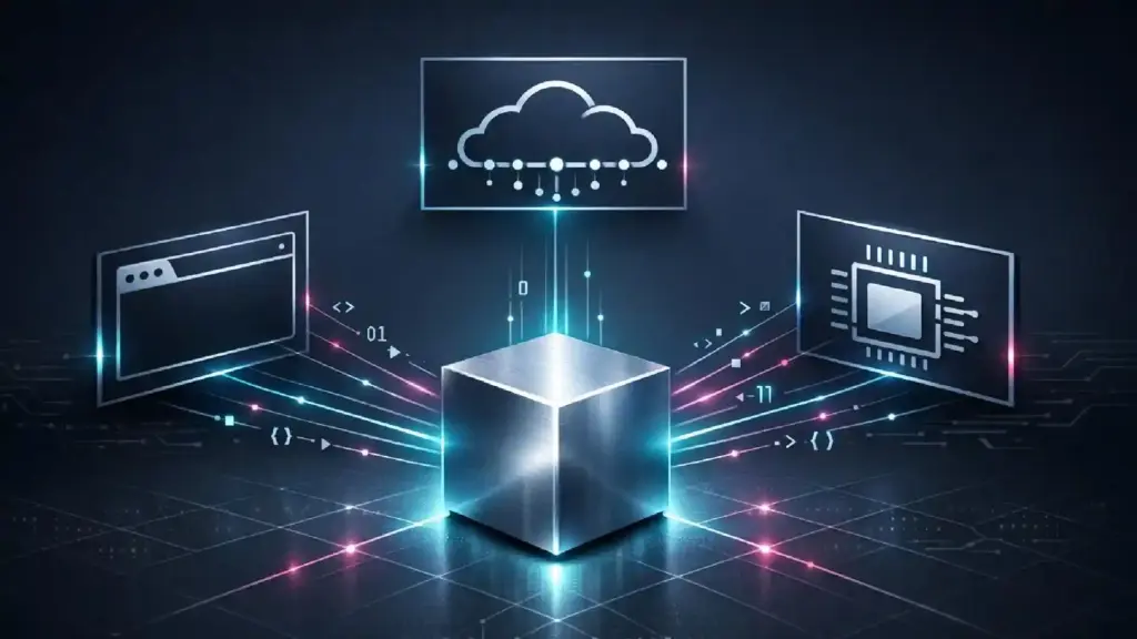 Abstract tech illustration of a glowing cube connected to a cloud icon and data lines, representing cloud computing and data networks.